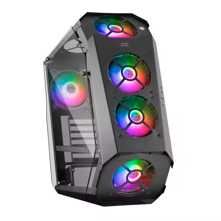 Mars Gaming MC51, Caja PC Gaming ATX, Diseño Vanguardista, Doble Ventana Cristal Templado, 5 Ventiladores Chroma RGB 12cm, Controladora ARGB con Mando a Distancia, Caja Premium Negro o Blanco