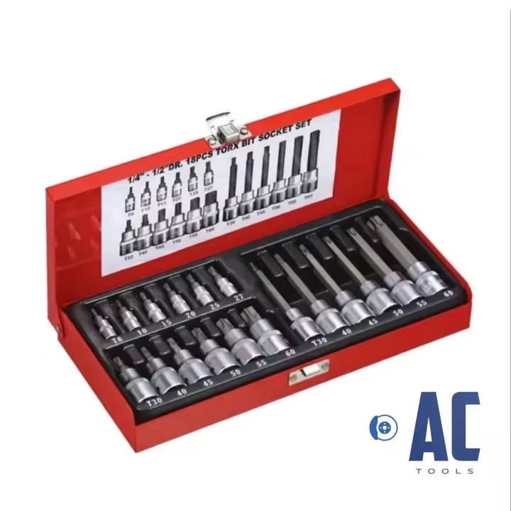 AC Tools Juego profesional de 18 puntas Torx con vaso mas estuche metalico resistente - 1