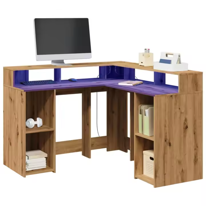 vidaXL Escritorio con luz LED madera ingeniería artisian 130x130x91 cm en color artisian oak/Roble Sonoma/Marrón roble | estructura resistente ideal para salón dormitorio o estudio - 1