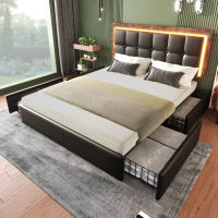 Cama Doble Tapizada 160x200 cm con Cabecera Ajustable + 4 Cajones + Tira LED RGB + Colchón Incluido-Diseño Functional PU Negro - details 0