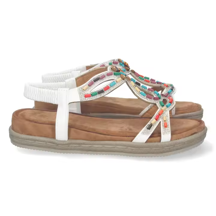 Davinia Shoes Sandalia Plana para Mujer, Comoda, Tiras con Detalles de Colores, y Cierre Elastico en el Talon Shoes&Blues.es AF-2329-Blanco - 1