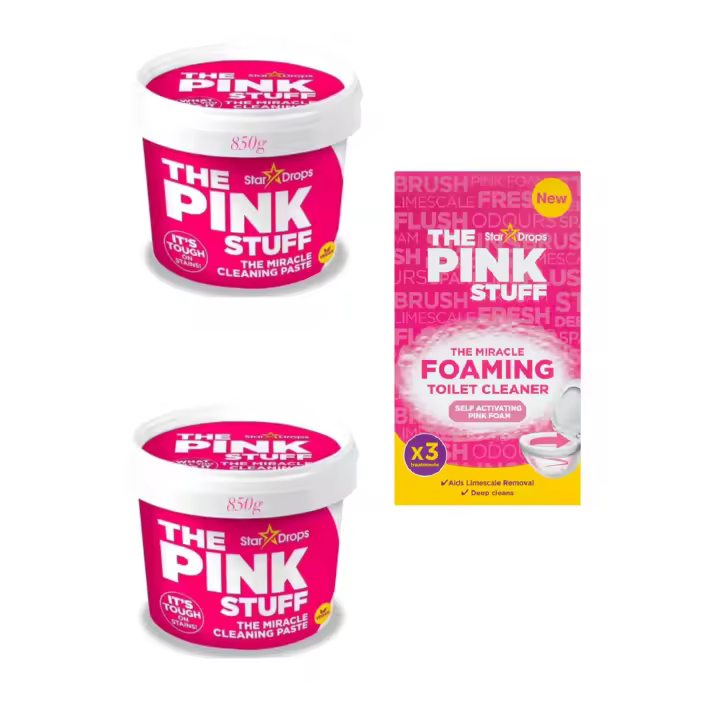 Pack 3 unidades -Pasta Limpiadora Pink Stuff 850gr - Ideal para limpiar todo tipo de superficies(2 uds)+  3 sobres x 100 gramos Polvo activo limpiador espumoso para inodoros Pink Stuff The Miracle Foaming Toilet Cleaner - 1