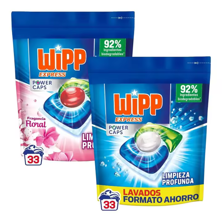 Wipp Express Power Caps Detergente en Cápsulas Limpieza Profunda, Eficaz en Agua Fría 33 + 33 lavados ( 2 bolsas de 33 cada una ) - 1