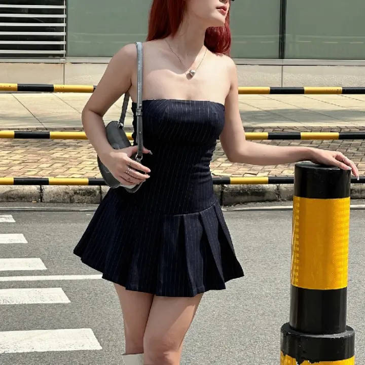 Vestido A-Line Sin Mangas De Moda Coreana Candyhot Elegante Con Cuello Abierto Y Pliegues Slim Para Mujer Vestido De Verano Y2K Estilo Callejero Sexy Con Zipper - 1
