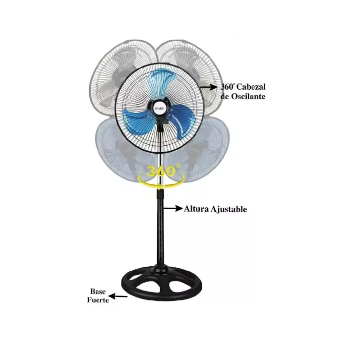 SPARK - Ventilador de Pie Industrial de Alta Velocidad de 12''. Base Pesada. 60 W con Giro de 360º. Ajuste  de 3 Velocidades. 3 Aspas. Tamaño Ajustable. Verano. Hogar. Negocio. Oficina. - 1