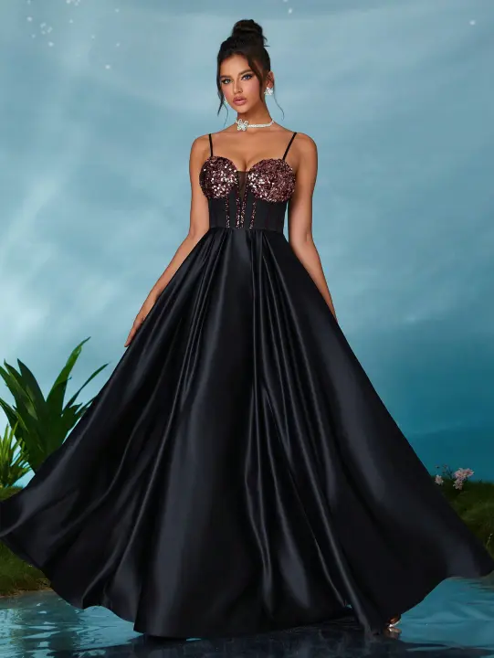 Vestido Largo De Satén Con Encaje Y Lentejuelas V-Neck Espalda Descubierta Manga Sin Mangas A-Line Para Mujer Junior - 1