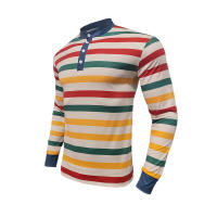 Camiseta de manga larga Henry holgada informal con cuello redondo y rayas coloridas para hombre, estilo americano, otoño e invierno, nueva - details 3