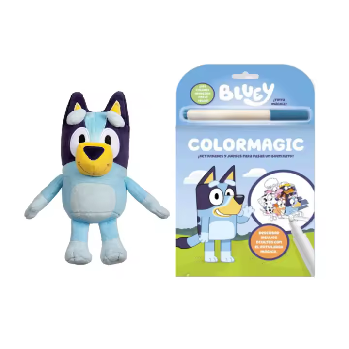 bluey peluche soft 18cm con 100 pegatinas,con colormagic con actividades,para cumpleano,regalo,ninos, - 1