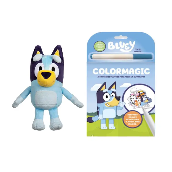 bluey peluche soft 18cm con 100 pegatinas,con colormagic con actividades,para cumpleano,regalo,ninos, - 1