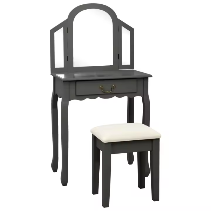 vidaXL Tocador y taburete madera de paulownia gris 65x36x128 cm - 1