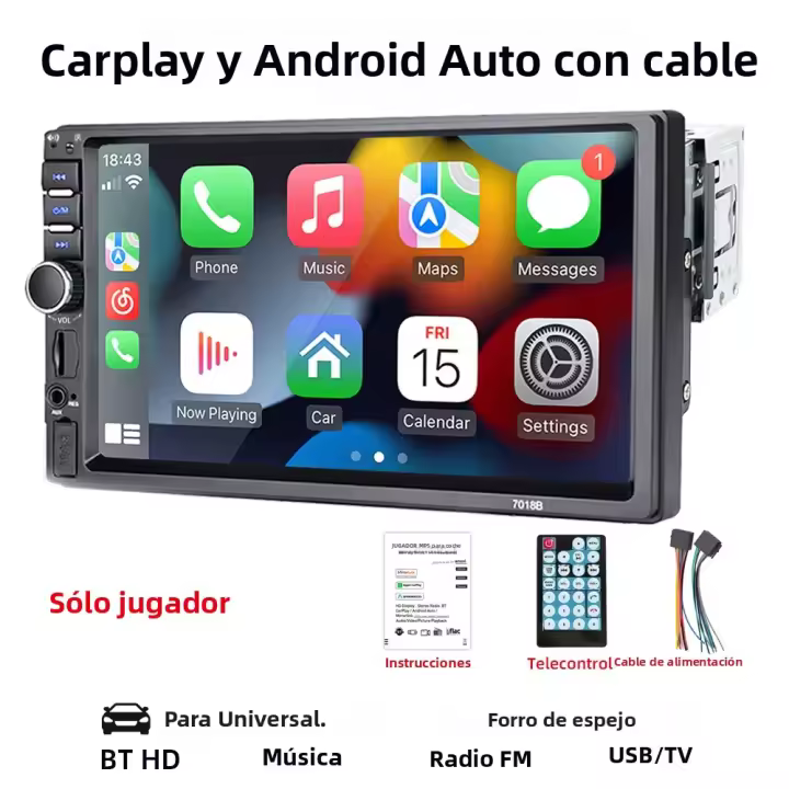 Receptor De Radio Para Coche HIPPBQCC 1 Din Estéreo Con Pantalla HD MP5 Multimedia FM USB TF Player Carplay Android Auto Y Mirror Link - 1