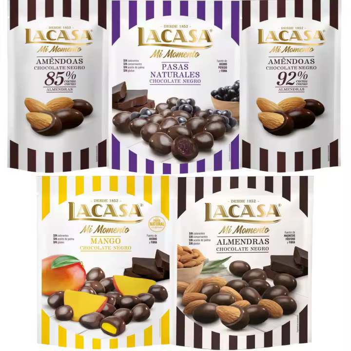 Lacasa Mi Momento pack de 5:Almendra 92% ,Almendra 85% ,Pasas Chocolate Negro ,Almendra Chocolate Negro ,Mango Chocolate Negro - 1