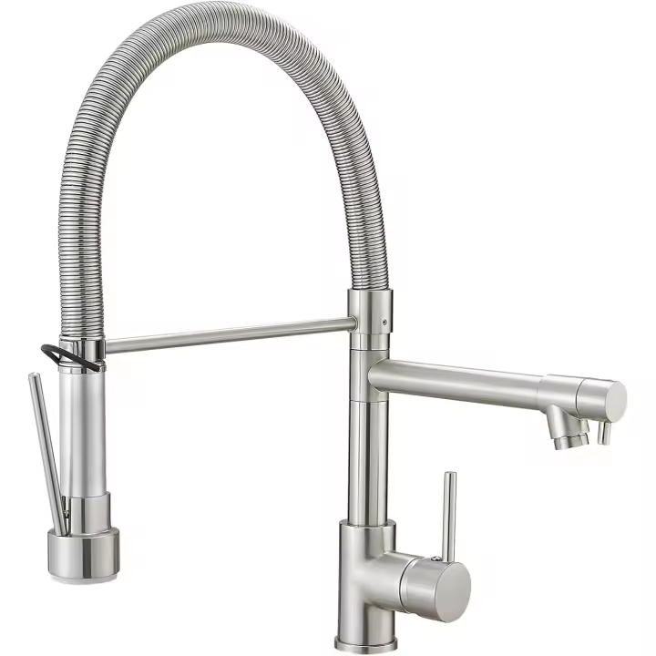 Grifo de Cocina Con cerradura y Alcachofa extensible, giratorio 360 °, Grifo de Cocina Con Muelle en Espiral, monomando \ u2013 alta presión \ u2013 Grifo de fregadero de Níquel cepillado - 1