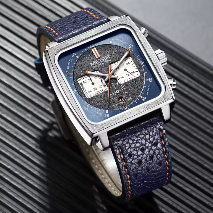 Reloj De Cuarzo Para Hombre MEGIR Con Dial Cuadrado Y Cronógrafo Correa De Cuero Azul Estilo Casual Deportivo Fecha 24 Horas MG-2182 - 1