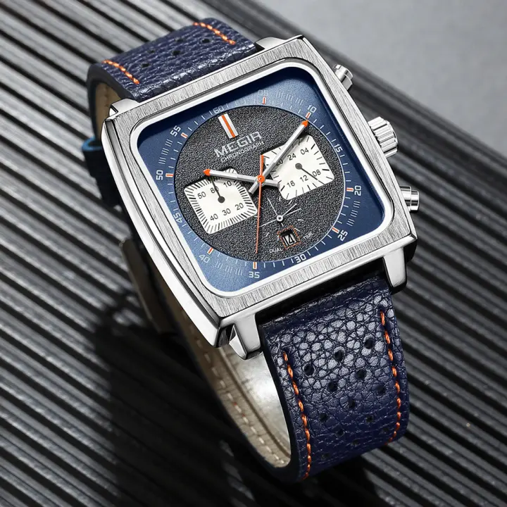 Reloj De Cuarzo Para Hombre MEGIR Con Dial Cuadrado Y Cronógrafo Correa De Cuero Azul Estilo Casual Deportivo Fecha 24 Horas MG-2182 - 1