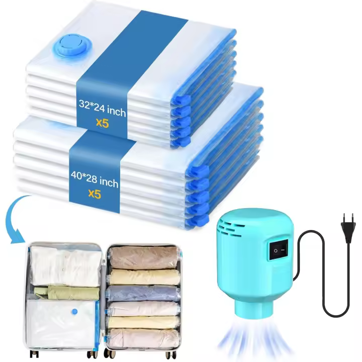 Bolsas de Vacío para Ropa con Bomba de Aire Eléctrica - Pack 10 Unidades (5 Grandes + 5 Medianas) - Bolsas Compresión Reutilizables para Ropa de Cama, Mantas, Almohadas y Edredones - Ahorra 80% Espacio - Incluye Bomba Eléctrica USB - Ideal para Viajes, Mu - 1