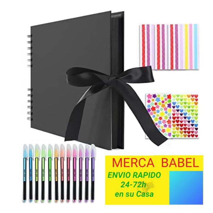 Tienda BIT Álbum DE FOTOS Scrapbook Espiral, 80 páginas Negras DIY Scrapbooking Album Set with 2 Hojas de esquineros 4 Hojas de pegatinas decoración y 12 Rotuladores de Colores, para Boda Aniversario Cumpleanos Navidad