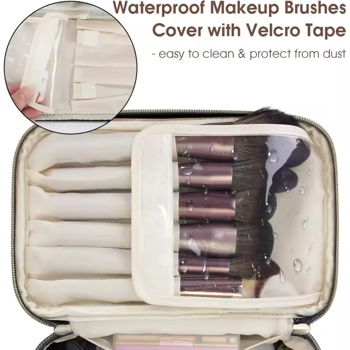 Neceser Maquillaje Cuero Bolsa de Cosméticos con Porta Brochas Grande Multifuncional Hidrófugo para Mujer Viajes Nocturnos - 1