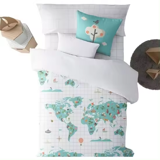 FUNDA NÓRDICA CON BOTONES 100% ALGODÓN MODELO MAPAMUNDI AZUL PARA CAMA DE 90 ( 155X220 CM.) - 1