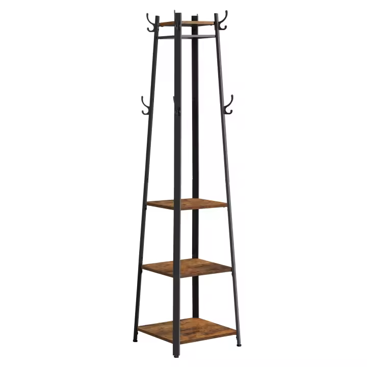 VASAGLE Perchero, Perchero de Pie con 8 Ganchos Dobles, 4 Estantes, Barra de Ropa, con Marco de Metal, para Chaquetas, Bolsos, para Entrada, Dormitorio, Color Roble y Blanco/Grege y negro/Marrón Rústico y Negro - 1