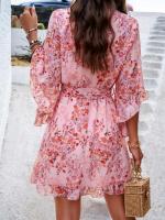Vestido A-Line De Pierna Larga Para Mujer Con Estampado Floral Elegante Cuello V Manga Corta Estilo Casual Vestido De Verano Primavera - details 12