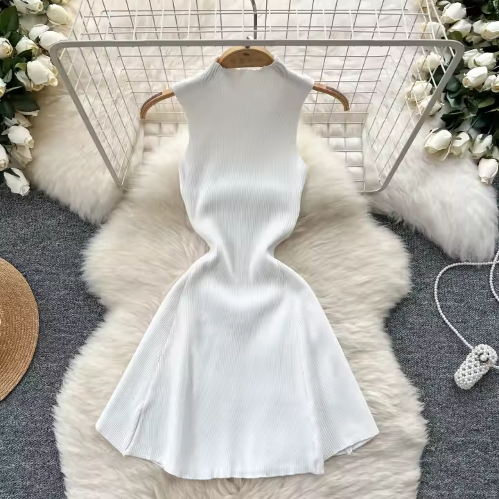 New Summer 2025 Mujer Mini Vestido De Lana Estilo Simple Con Cuello Alto Y Manga Sin Mangas A-Line Fashion Elasticidad Alta - 1