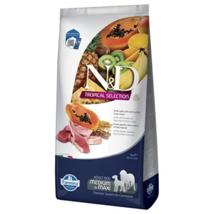 FARMINA ND DOG TROPICAL SELECTION MED MAXI CORDERO 10KG.  Esta mezcla única de cordero y frutas tropicales proporciona una comida deliciosa y nutritiva con un bajo índice glucémico. - 1