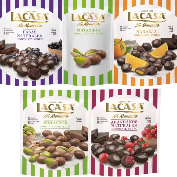 Lacasa Mi Momento pack de 5:Pistacho Leche 50G,Arándano choco Negro 125G,Pasas choco Negro 150G,Naranja choco Negro 125G,Pistacho Leche 100G - 1