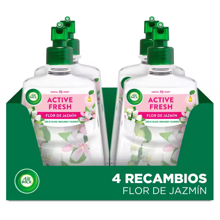 Air Wick Active Fresh Spray Automatico Sin Aerosol - 4 Recambios, Ambientador para Casa Flor de Jazmín, Brisa Marina, Algodón, Lavanda, Eucalipto y Vainilla - 1