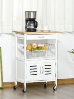 Carrito de Cocina con Ruedas Carro de Almacenamiento Multiuso con Encimera de Bambú Cajón Cesta Metálica y Armario de 2 Puertas de Persiana 58x37x85,5 cm Blanco - details 1