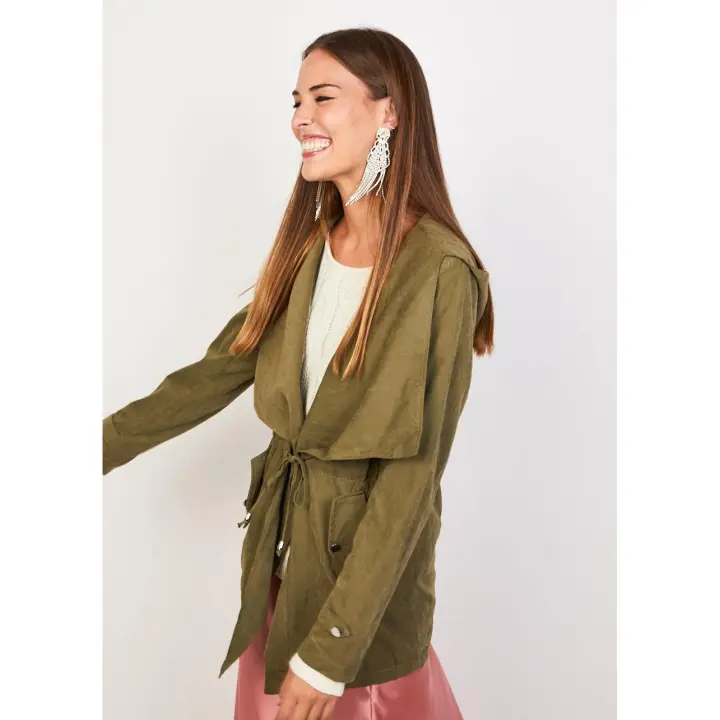 Abrigo trench gabardina mujer, chaqueta impermeable, capucha, solapa amplia, cinturón desmontable, manga larga ajustable, bolsillos laterales, color verde oliva, talla L, versátil y cómoda ✅Entrega 24/48h - 1