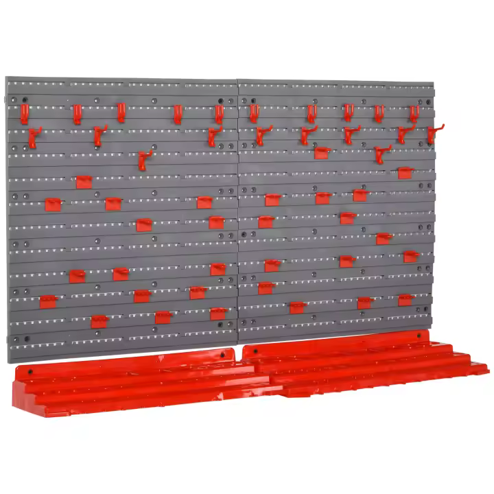 DURHAND Estantería de Pared con Sistema de Almacenamiento 95,5x23x53,5 cm Soporte de Herramientas con 54 Piezas 50 Ganchos para Taller Garajes Rojo y Gris - 1