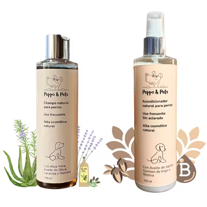 Peppo and Pets-Pack Champú Natural para Perros (250 ml)+Acondicionador Natural para Perros en spray sin aclarado (250 ml)-Ingredientes Naturales-Sin sulfatos, parabenos ni siliconas- Apto para Pieles sensibles - 1