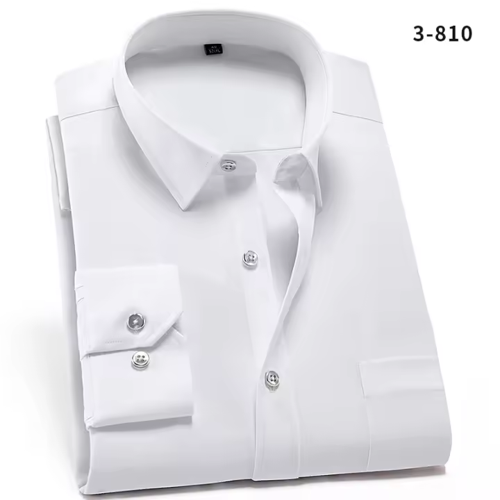 Camisa Social Para Hombre Antirugas Con Bolsillo Cuello En V De Moda Casual Para Oficina Blanco Talla S-4XL Camisa Larga De Poliéster Y Spandex - 1