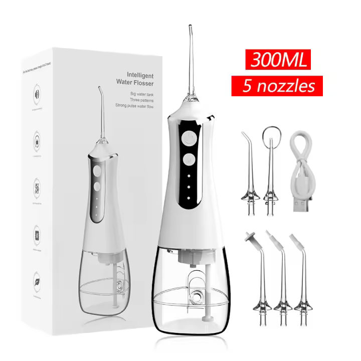 Irrigador dental portátil, irrigador bucal L10 de 300 ml con 3 modos de limpieza y 5 chorros, batería recargable USB de 1500mAh - 1