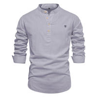 Camisa delgada de primavera y verano para hombre, moda informal, color sólido, talla europea, camisa de manga larga, top bordado de algodón y lino - details 3