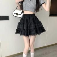 Mini Falda Con Volantes Negra Y Blanca Para Mujer Cintura Elástica Estilo Lolita Kawaii Y2K Faldas De Tul Con Encaje - details 3