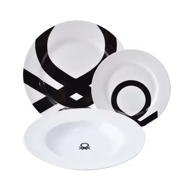 BENETTON Set de Vajilla de Porcelana Estampada Negra - 18 Piezas - 1