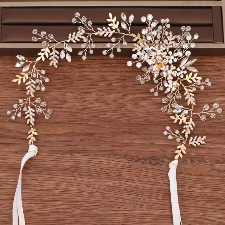 AiliBride Diadema De Boda De Perlas Y Cristales Dorados Accesorio De Cabello Para Novia Tiara De Moda Hecho a Mano Para Mujeres - 1