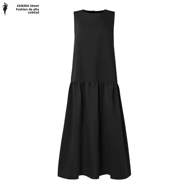 ZANZEA Vestido Largo De Verano Para Mujer Estilo Casual Sin Mangas Color Sólido Alineado Cuello Redondo Corte Holgado Cómodo - 1