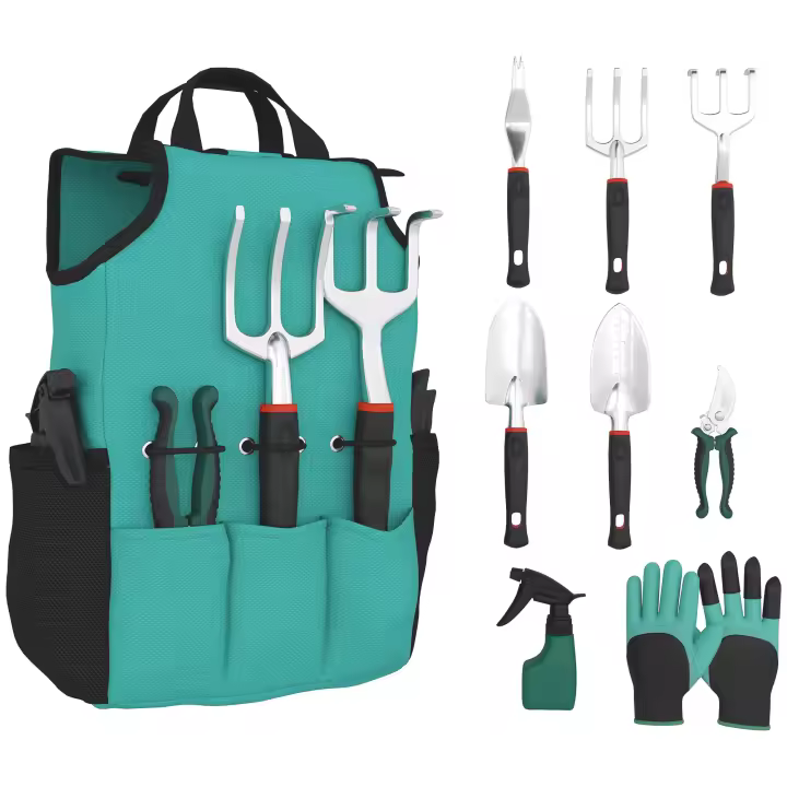 Outsunny Juego de Herramientas para Jardín de 9 Piezas Robusta Juego de Herramientas Jardinería de Aluminio con Tijeras de Podar con Bloqueo Seguro y Bolsa de Jardín Ligera para Mujeres y Hombres - 1