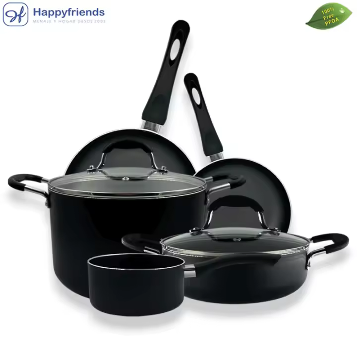 Happy Friends - Juego de Ollas y Sartenes de Cocina de Aluminio Antiadherentes de 8 Piezas  2 Sartenes Llanas Ø20/24CM + 1 Tartera 20CM + 1 Olla 24CM + 1 Cazo 16CM + 2 Tapas Ø20/24CM + 1 Espátula  Todo Tipo de Cocina  Sin de PFOA  Batería de Cocina - 1