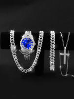 Reloj De Cuarzo Para Hombre Con Calendario Y Correa De Cadena Cubana Y Collar De Cruz 4pcs Diamante Completo Aleación Espejo - details 0