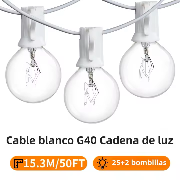 Cadena De Luces G40 Exterior Impermeable Blanco Esfera Navidad Boda Fiesta Jardín Cable Blanco 50FT100FT Luces De Navidad - 1