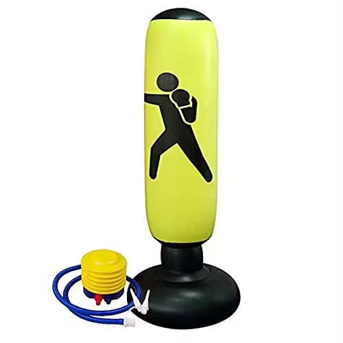 JOWY Saco de Boxeo Inflable. Saco de Boxeo de pie para Niños con hinchador Incluido. Base de Relleno con Agua o Arena, sujeción. 160cm Alto. (Amarillo) - 1
