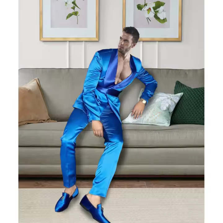 Traje De Novia Elegante Para Hombre Azul Con Chal De Punto Regular Cintura Baja Slim Fit Conjunto Completo De Chaqueta Y Pantalones Para Bodas Y Fiestas - 1
