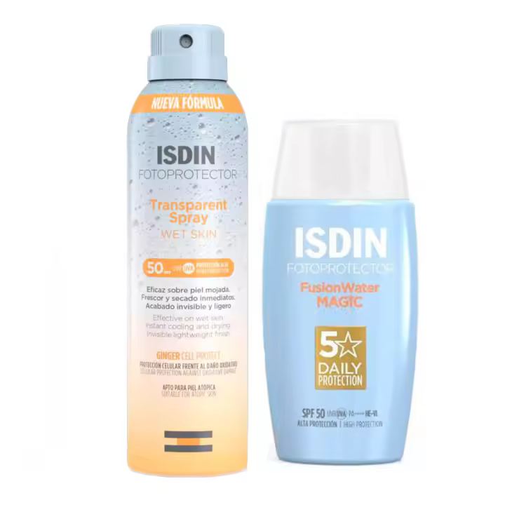 Rutina Isdin Fotoprotector Transparent Spray Wet Skin Spf50 1 Envase 100 ml + Isdin Fotoprotector Spf50+ Fusion Water Magic 50 ml - 1