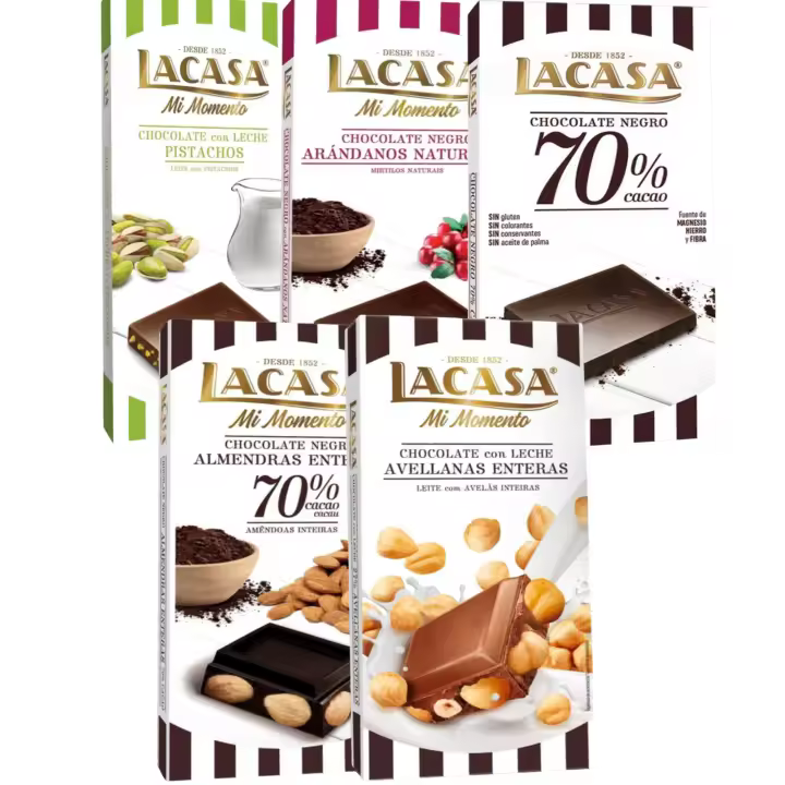 Lacasa pack 5 tabletas de chocolate:leche avellanas , arándanos ,leche pistacho 90g ,negro 100g , almendra 200g - 1