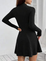 Vestido De Mujer Ajustado Con Cuello Alto Mitad A-line Falda Larga Manga Completa Rayas Vestido De Oficina Lady Cintura Empírica - details 3