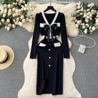 YuooMuoo Vestido Elegante Bodycon Para Mujer Con Cuello V Y Lazo Manga Larga Split Frontal Estilo Oficina Lady Chic Para Fiesta Y Trabajo - details 2